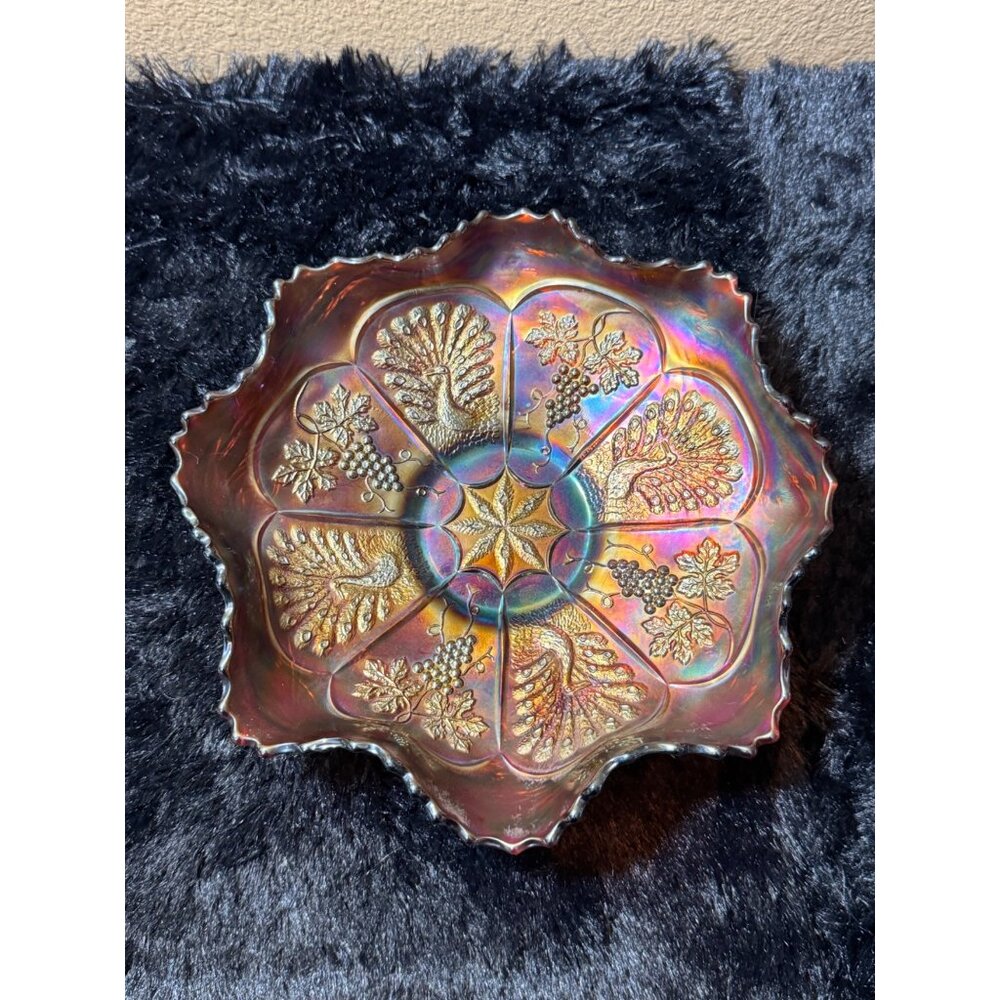 Vintage Fenton Carnival Glass Peacock & Grape Iridescent Ruffled Edge Bowl